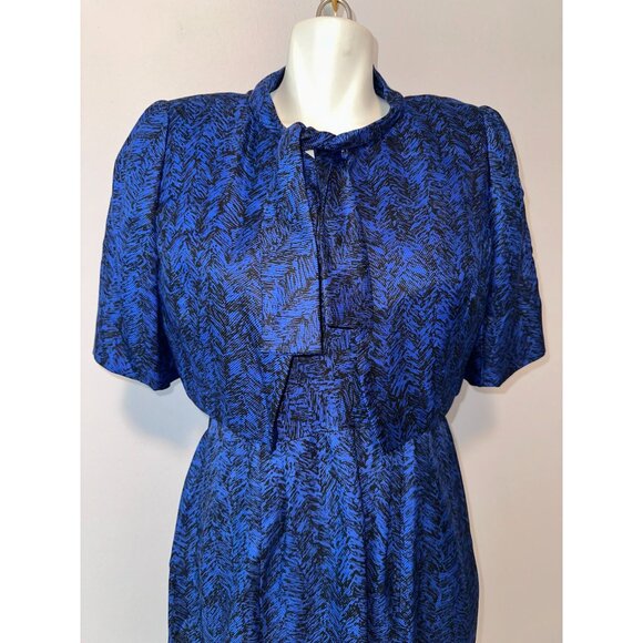 Vtg 50s Hattie Carnegie Blue Black Textured Silk Sheath Dress w/ Shrug Medium - Picture 7 of 12